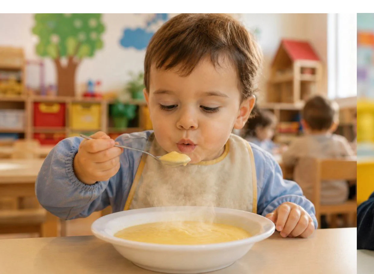 Niño tomando un plato caliente en un centro infantil